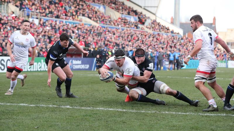 Ulster’s Marcell Coetzee dives to score his side’s opening try. Photograph: Niall Carson/PA