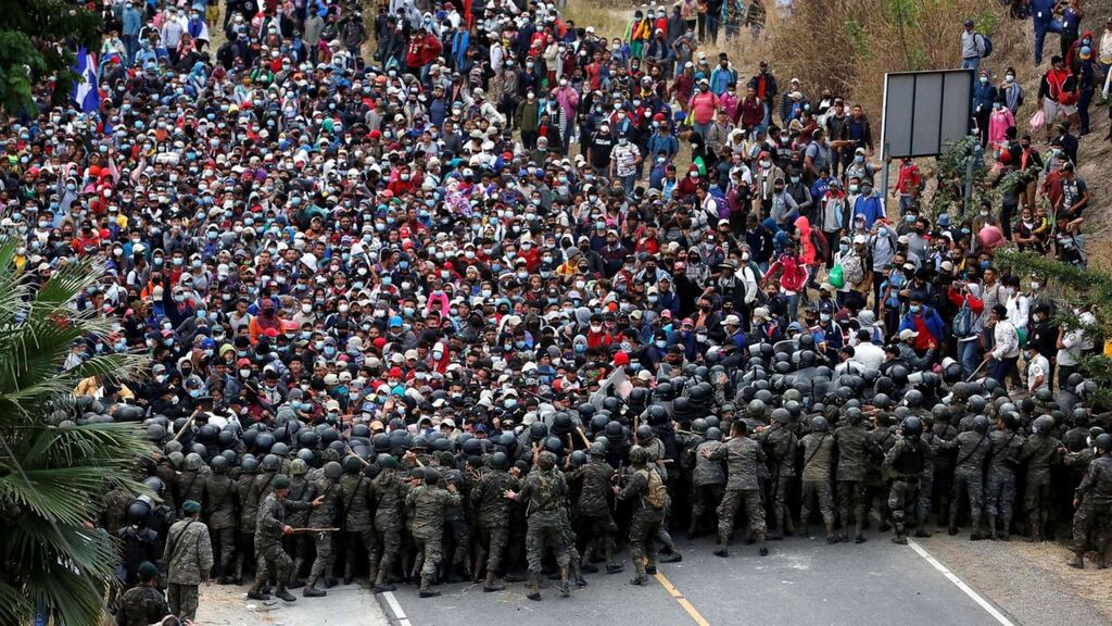 Migrants being blocked in Guatemala earlier this year: Natural disasters, conflict and Covid-19 has decimated local economies, deepened poverty and precipitated a new wave of outward migration northward.