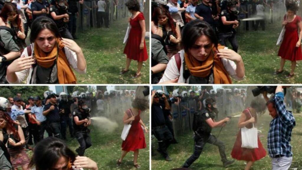 A combination photo of a Turkish riot policeman using tear gas against Ceyda Sungur, “the woman in red”, as people protest against the destruction of trees in a park in Taksim Square in central Istanbul. Photographs: Osman Orsal/Reuters