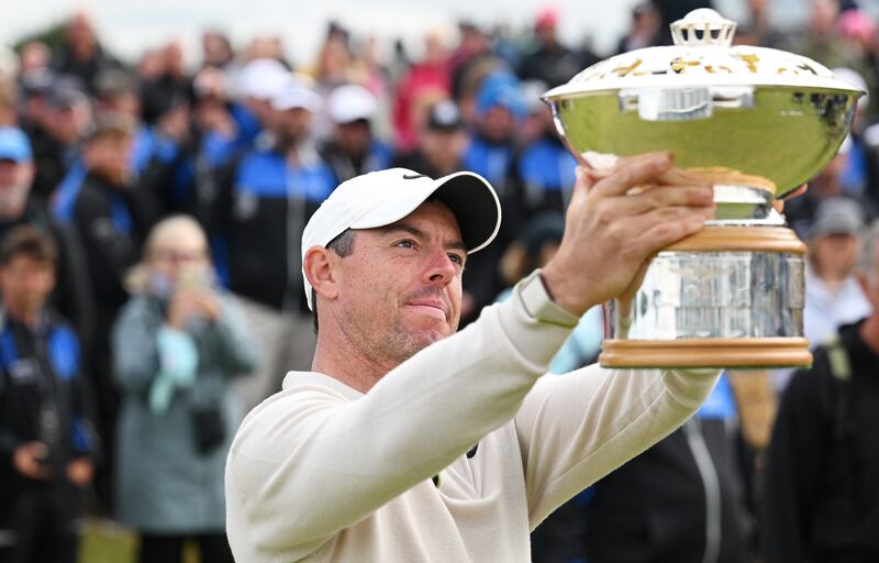 Rory McIlroy of Northern Ireland poses for a photo with the Genesis Scottish Open trophy on the 18th green after winning the tournament at The Renaissance Club. Photograph: Octavio Passos/Getty Images