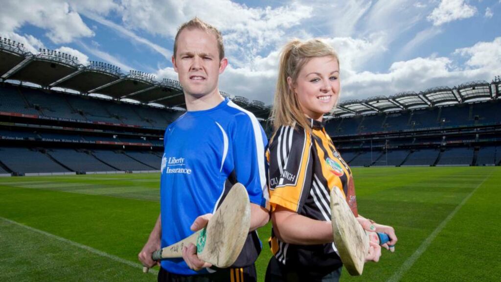 At the Liberty Insurance Camogie Final preview press day were Grace Walsh of Kilkenny, supported by brother Tommy. Photograph: Inpho