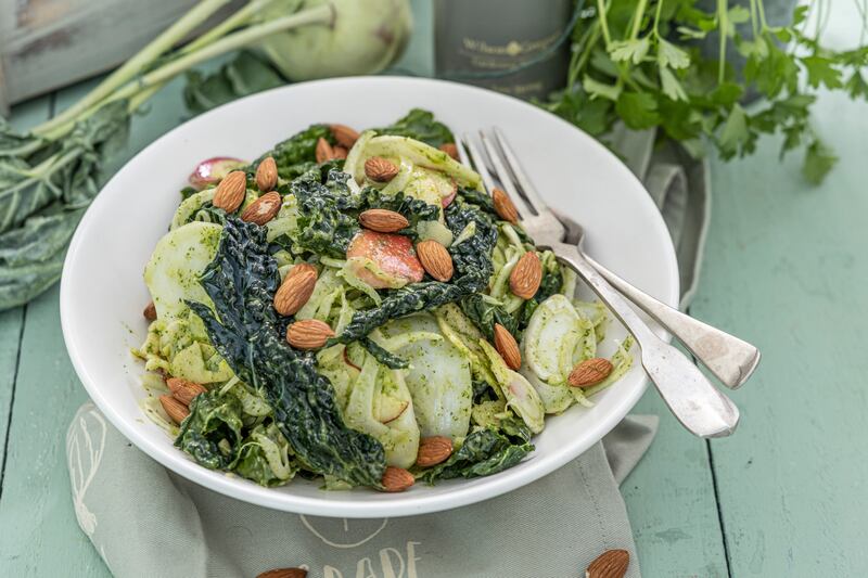 Winter vegetable salad, chervil and horseradish dressing
