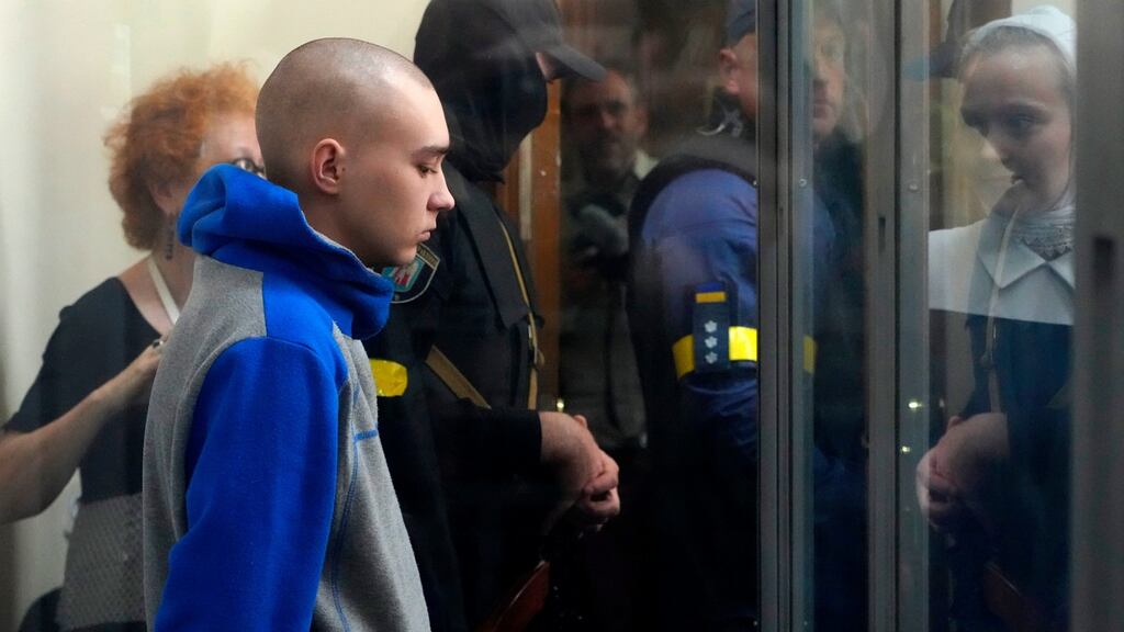 Vadim Shysimarin accused of killing civilian on February 28th while fighting in Sumy region in north-east Ukraine goes on trial in Ukraine for war crimes. Photograph:AP Photo/Efrem Lukatsky