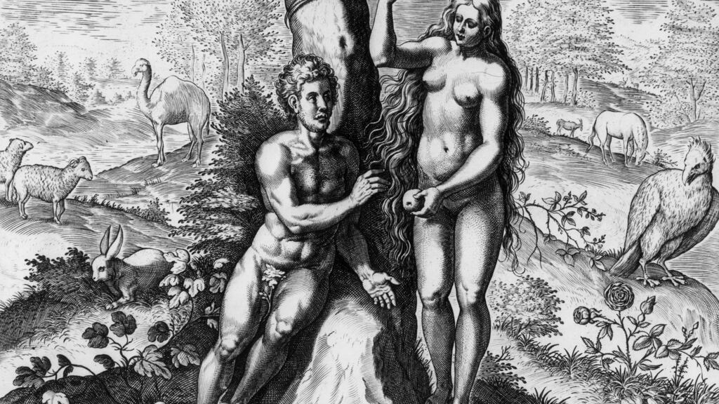 Eve offers Adam the fruit of the tree of knowledge of good and evil in the garden of Eden. 'Theatrum Biblicum' by Johann Fischen (circa 1650).