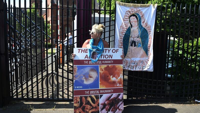 Pro Life supporters protest at  the visit of Taoiseach Leo Varadkar as he attends the launch of Feile An Phobail Arts Festival  in Belfast. Photograph: Charles McQuillan/Getty Images