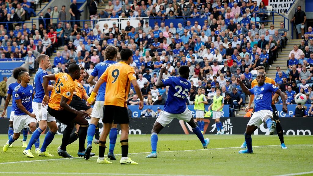 Wolverhampton Wanderers’ Leander Dendoncker scores a goal that was disallowed following a VAR review. Photograph: Andrew Yates/Reuters