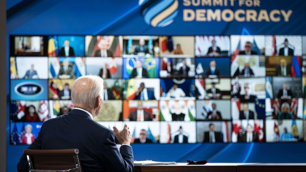 US president Joe Biden: “Will we allow the backward slide of . . . democracy to continue unchecked, or will we together have a vision . . . and courage to once more lead the march of human progress and human freedom forward?” Photograph: Al Drago/Bloomberg