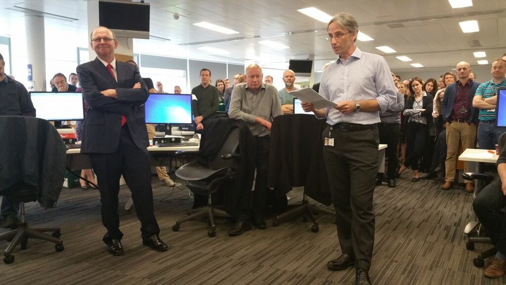 Paul O’Neill addresses newsroom staff after the announcement he is taking over from Kevin O’Sullivan (left) as editor. Photograph: Frank Miller