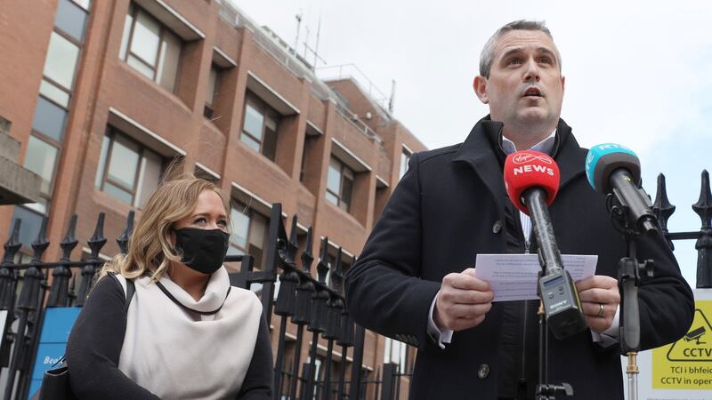 Andrea McGoldrick and John McGoldrick speaking outside Four Courts after a High Court action. Photograph: Collins Courts.