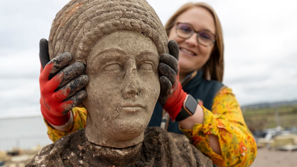 Roman statues uncovered at the dig site at St Mary’s Church, Stoke Mandeville. Photograph: HS2/PA Wire