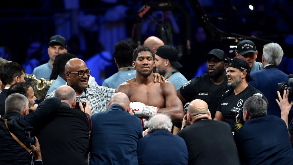 Anthony Joshua celebrates after winning the heavyweight championship against Andy Ruiz Jr. in Diriya, Saudi Arabia. Photo: Fayez Nureldine/Getty Images