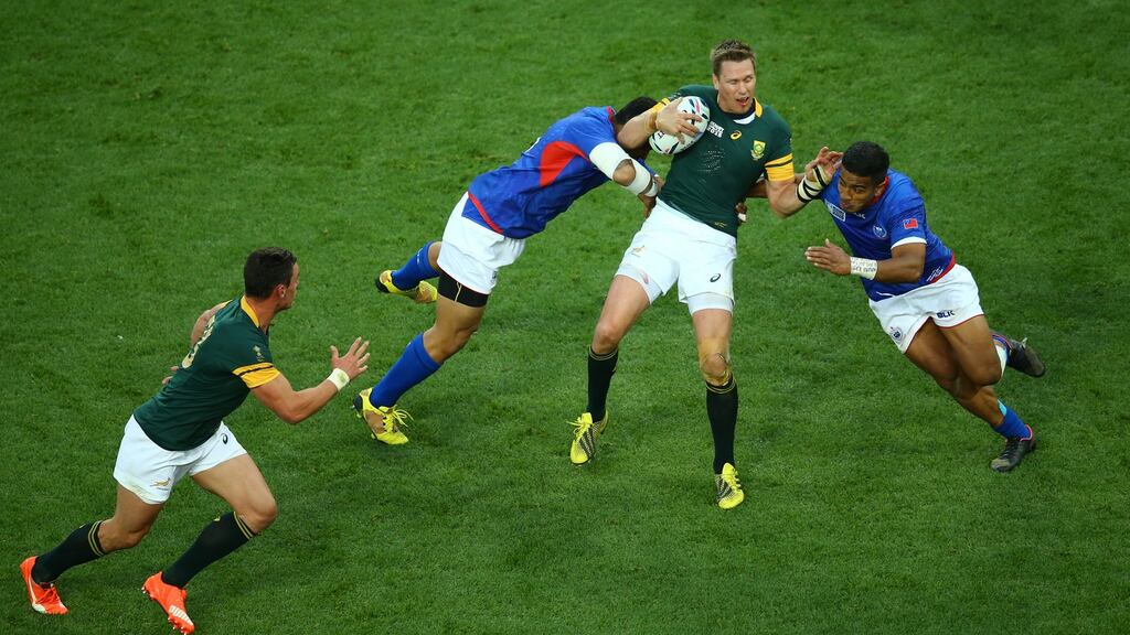South Africa captain Jean de Villiers has retired from rugby after being ruled out of the remainder of the World Cup with a broken jaw suffered against Samoa. Photo: Getty Images