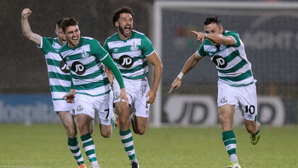 Shamrock Rovers celebrate their penalty shootout win over Ilves in Tallaght. Photograph: Ryan Byrne/Inpho