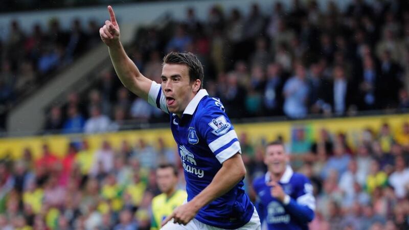 Séamus Coleman of Everton celebrates his goal at Carrow Road. Photograph: Jamie McDonald/Getty Images