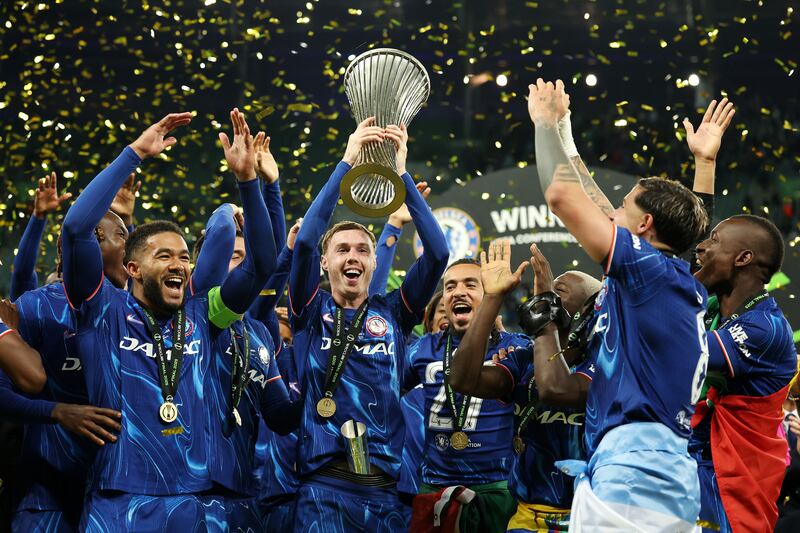 Cole Palmer (centre) celebrates with his Chelsea team-mates after winning the Uefa Conference League last month. Photograph: Richard Heathcote/Getty Images