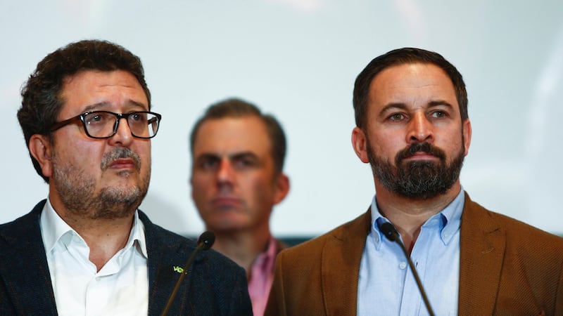 Spain’s far-right Vox regional candidate Francisco Serrano (left) and party leader Santiago Abascal in Seville on Monday. Photograph: Jon Nazca/Reuters
