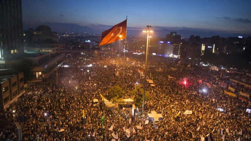 Anti-government protestors gather in Taksim Square last night. Istanbul has seen protests rage on for days, with two protesters and one police officer killed. What began as a protest over the fate of Taksim Gezi Park, has turned, with the view of a heavy-handed response by police, into a protest over what is being seen as prime minister Recep Tayyip Erdogan increasingly authoritarian agenda. Photograph: Uriel Sinai/Getty Images