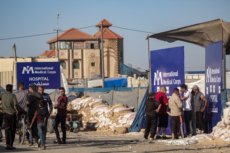 The entrance to the International Medical Corps field hospital's headquarter in the west of Rafah, during its evacuation after Israeli army forces advanced into central Rafah. Photograph: Haitham Imad/EPA-EFE