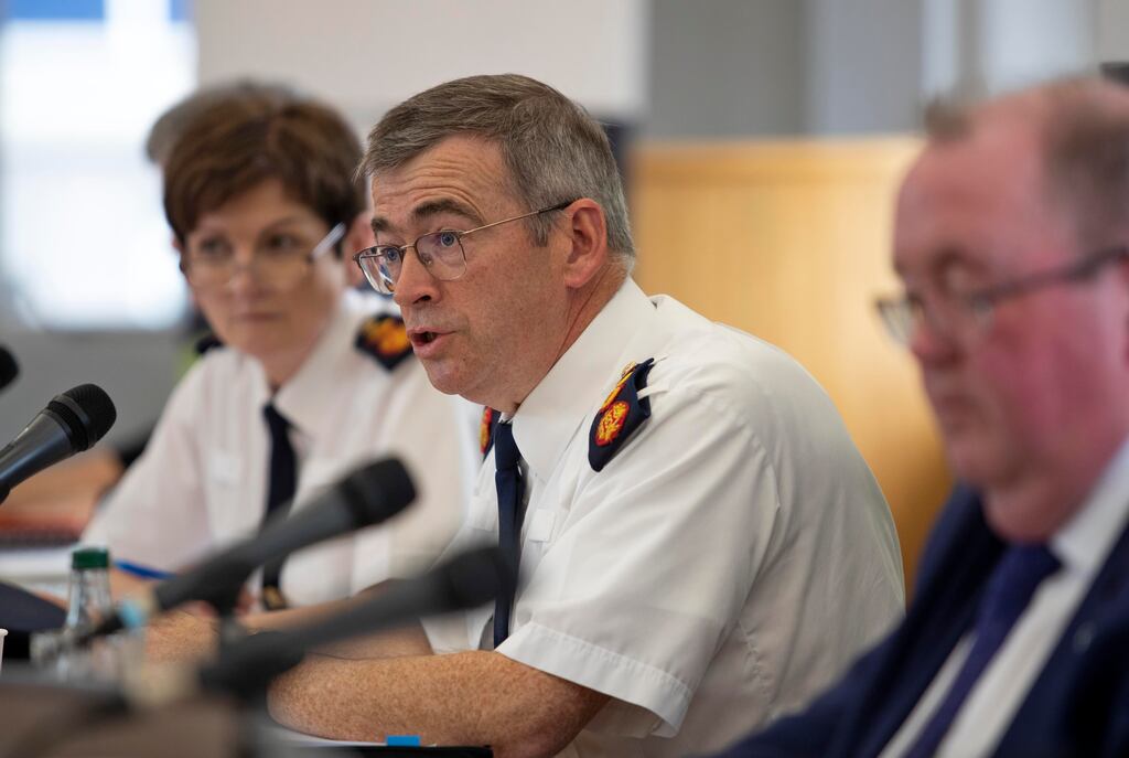 Garda Commissioner Drew Harris addresses a public meeting of the Policing Authority at the Richmond Education and Events Centre, Dublin. Photograph: Colin Keegan/Collins Dublin