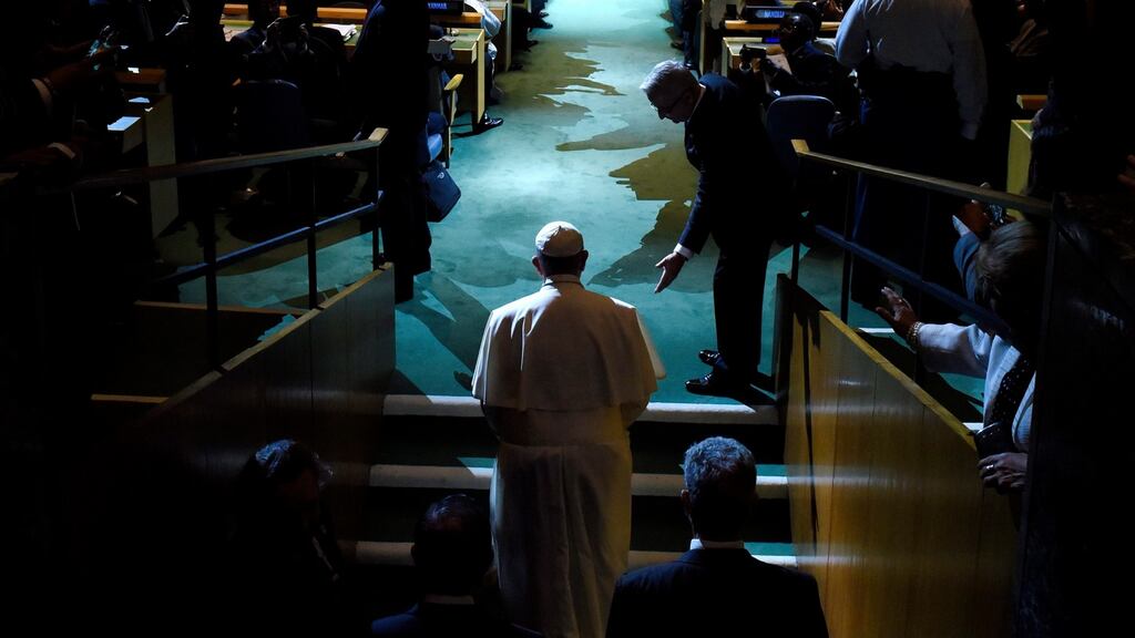 Pope Francis at the UN: ‘A selfish and boundless thirst for power and material prosperity leads both to the misuse of available natural resources and to the exclusion of the weak and disadvantaged.’ Photograph: Justin Lane/EPA