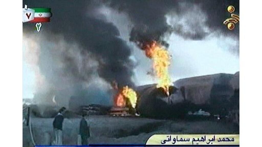 The runaway train carrying industrial chemicals burns after it exploded in north-east Iran yesterday. Photograph: AP/Iranian TV