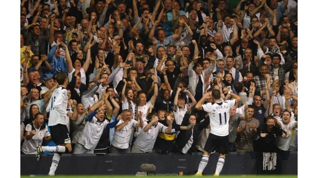 Rafael Van der Vaart of Spurs celebrates scoring the penalty that earned Spurs a draw at White Hart Lane. Photograph: Laurence Griffiths/Getty Images
