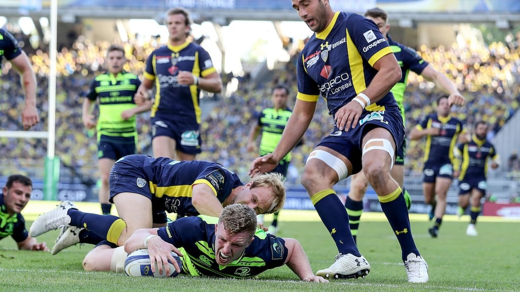 Leinster’s Dan Leavy scores a try which was later disallowed by the TMO in the Champions Cup semi-final at Stade de Gerland in Lyon. Photograph: Dan Sheridan/Inpho
