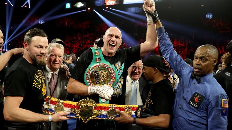 Tyson Fury celebrates his WBC title victory over Deontay Wilder in February. Photograph: Al Bello/Getty