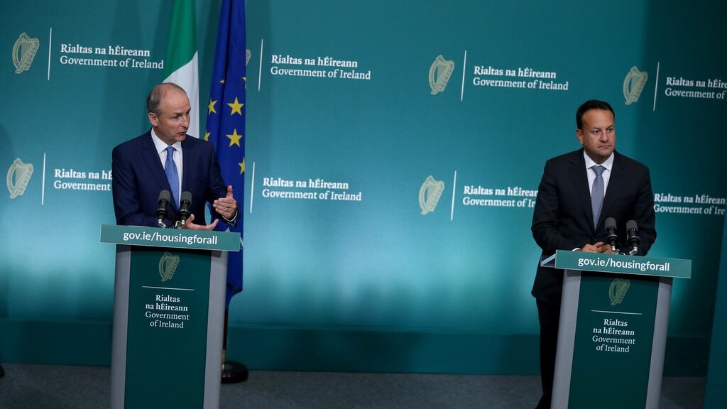 Taoiseach Micheál Martin and Tánaiste Leo Varadkar at Thursday’s launch of Housing for All, the Government’s new housing plan for Ireland. Photograph: Maxwells
