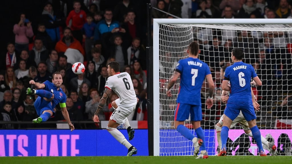 Harry Kane completes his hat-trick in spectacular fashion during England’s World Cup qualifier against Albania at Wembley Stadium. Photograph: Laurence Griffiths/Getty Images