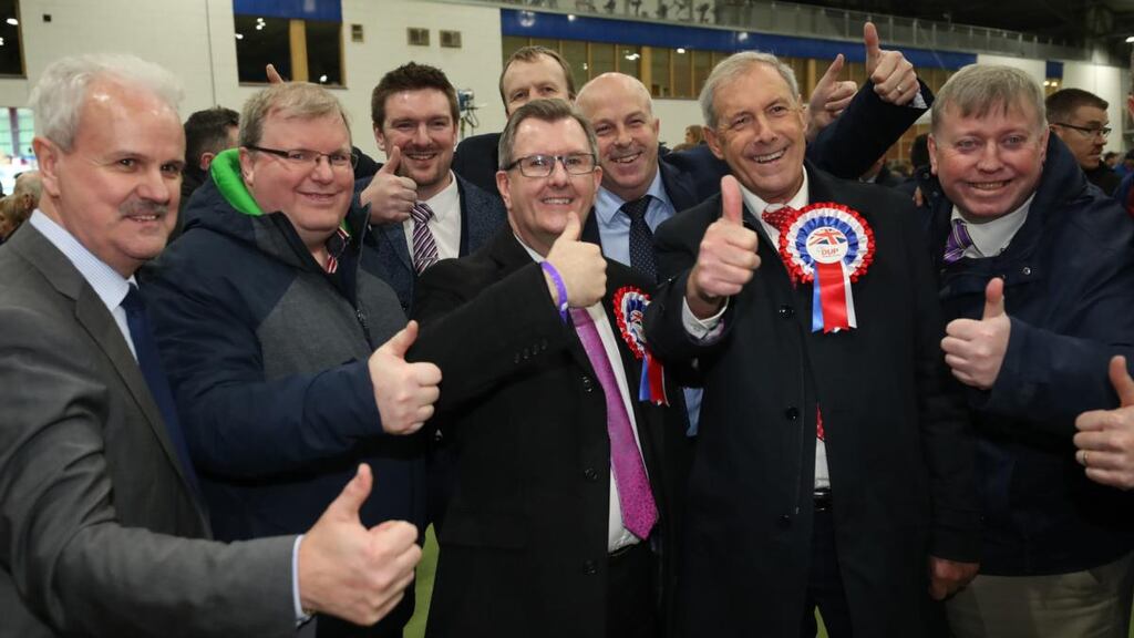 Jeffrey Donaldson celebrates his re-election as MP for Lagan Valley. Photograph: Niall Carson/PA Wire