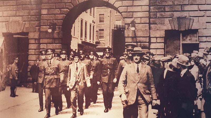 The new State police force enters Dublin Castle, led by commissioner Michael Staines and chief superintendent Matthias McCarthy, on August 17th, 1922. Photograph: Garda Museum