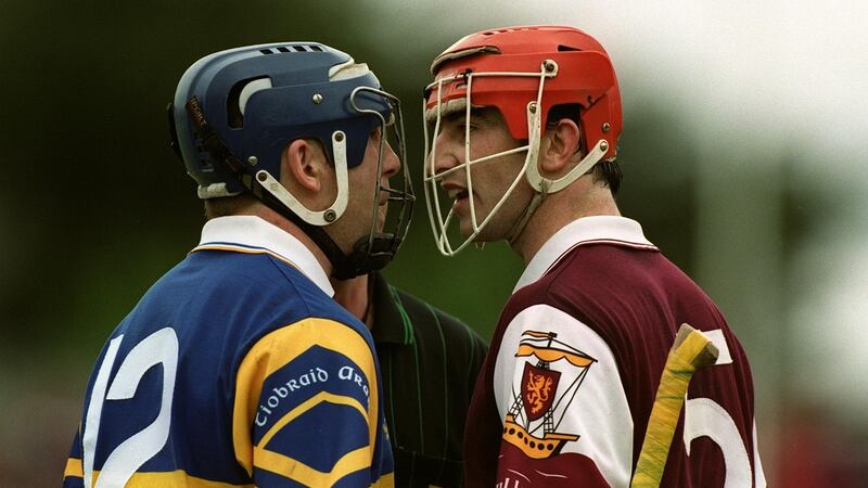 John Leahy squares up to Galway’s Nigel Shaughnessy during the 1999 NHL final.