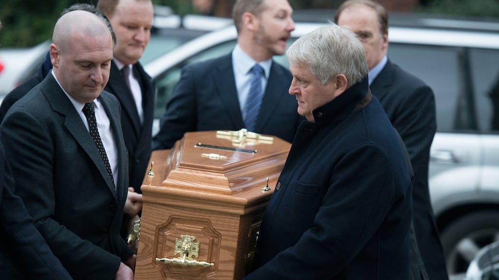 Businessman Denis O’Brien was among the coffin-bearers, as the remains of PJ Mara, the former government press secretary, were removed to St Mary’s Church, Haddington Road in Dublin. Photograph: Dave Meehan/The Irish Times.