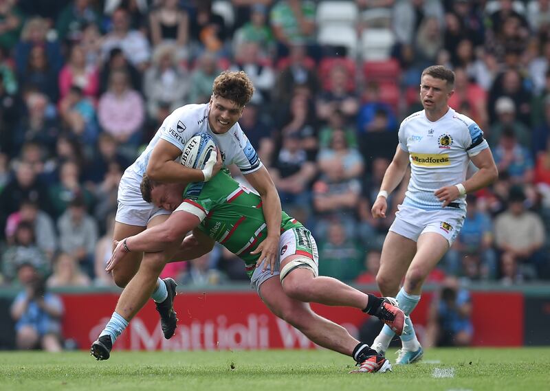 Zack Wimbush of Exeter Chiefs is tackled by Jasper Wiese of Leicester Tigers at Welford Road Stadium last May. Wiese received a straight red card duing the match. Photograph: Graham Chadwick/Getty Images