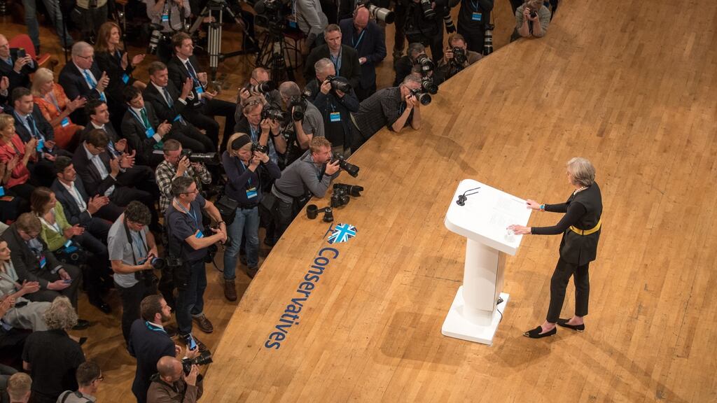 British Prime Minister Theresa May prepares to deliver a speech about Brexit on the first day of the Conservative Party Conference 2016 at the ICC Birmingham on October 2nd. Photograph: Matt Cardy/Getty Images