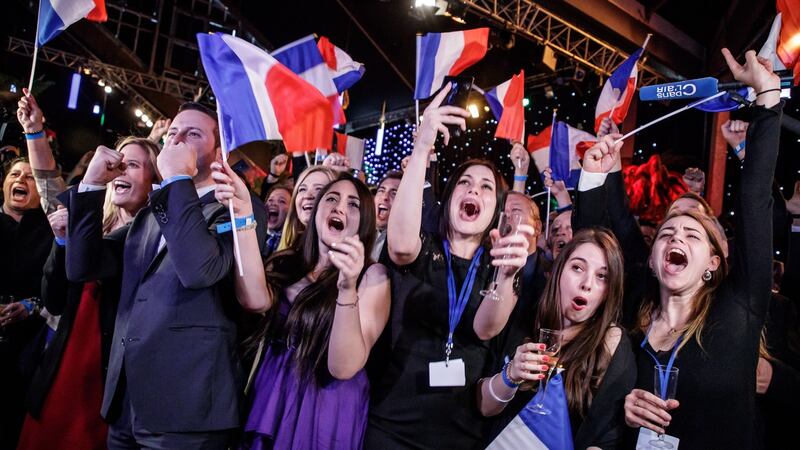 Supporters of the far-right Rassemblement National celebrate its result in the European Parliament elections at the RN headquarters in Paris on Sunday. Photograph: Christophe Petit Tesson/EPA