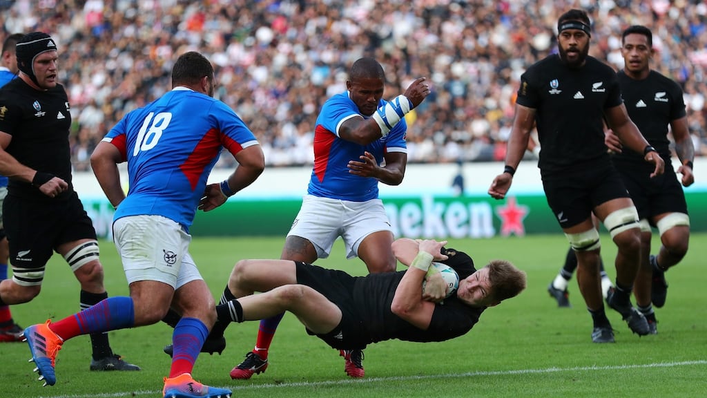 All Blacks’ Jordie Barrett dives over to score his side’s 10th try during the Rugby World Cup clash with Namibia in Tokyo. Photo: Stu Forster/Getty Images