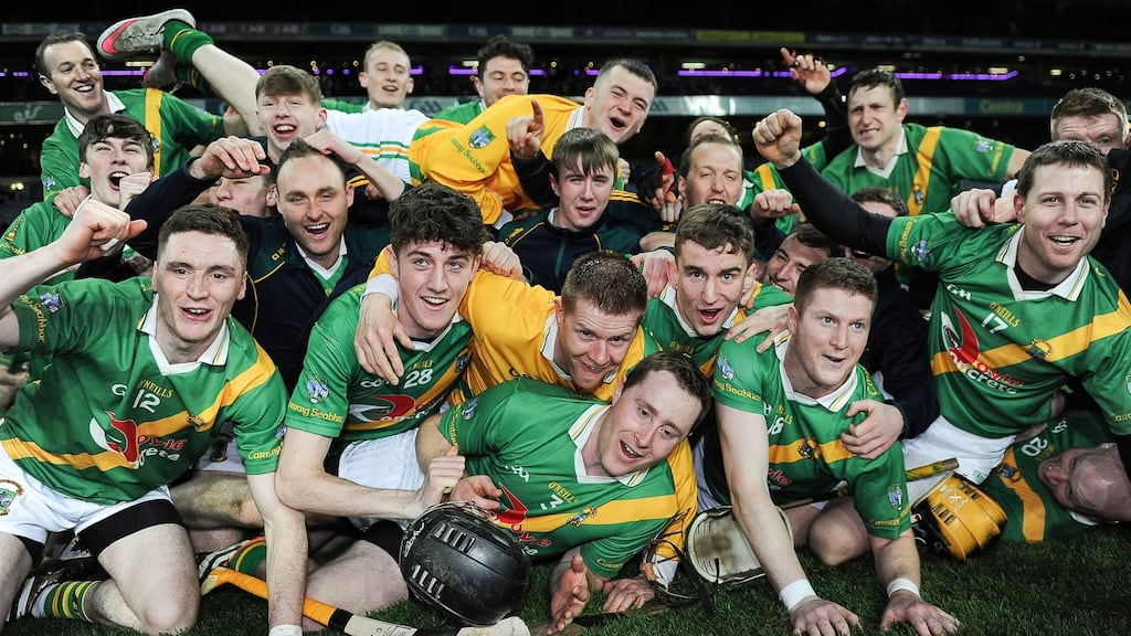 Carrickshock players celebrate their victory over Ahascragh-Fohenagh in the All-Ireland Club Intermediate Hurling Championship Final at Croke Park. Photograph: Tommy Grealy/Inpho