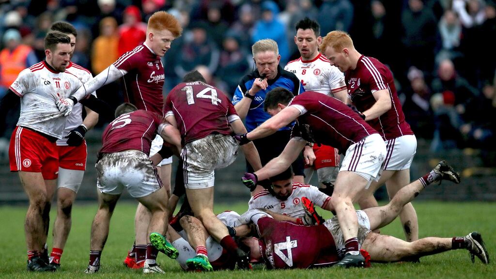 Galway and Tyrone players scuffle suring the Allianz League Division One game at Tuam Stadium. Photograph: Bryan Keane/Inpho