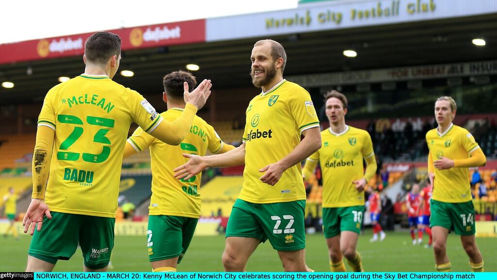 Kenny McLean of Norwich City celebrates scoring the opening goal during their draw with Blackburn Rovers. Photo: Stephen Pond/Getty Images