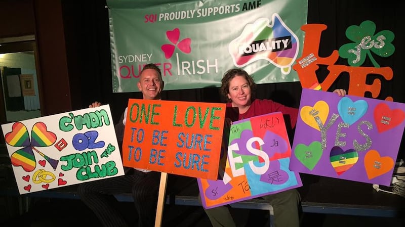 Members of Sydney Queer Irish making marriage equality banners at the Gaelic Club in Sydney.