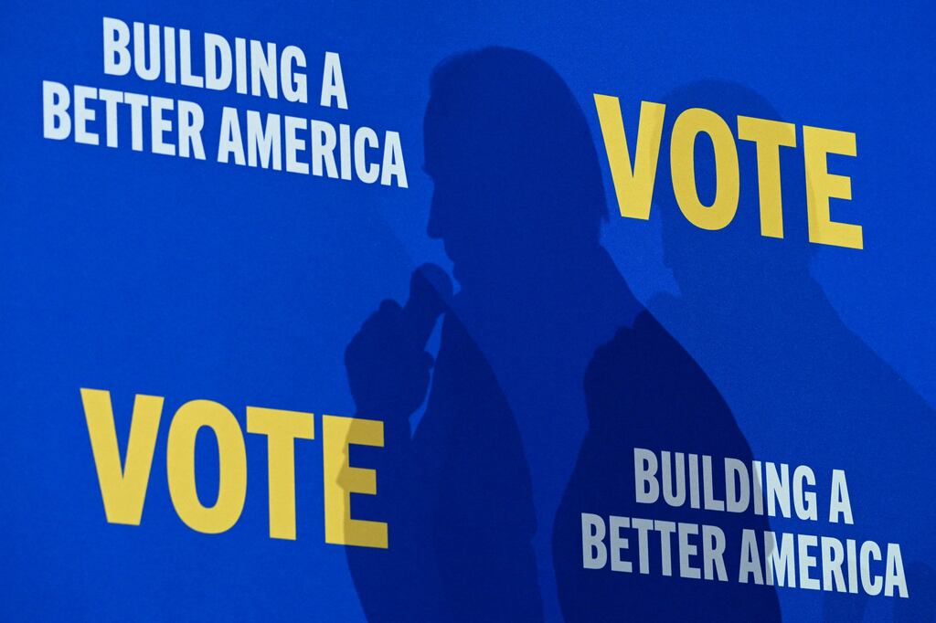 The shadow of US president Joe Biden is seen on the backdrop as he speaks at a rally hosted by the Democratic Party of New Mexico in Albuquerque on Thursday. Photograph: Saul Loeb/AFP via Getty Images