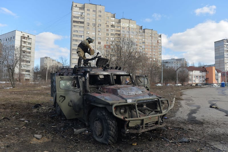 A destroyed Russian infantry vehicle in Kharkiv, Ukraine. Photograph: Sergey Bobok/AFP via Getty