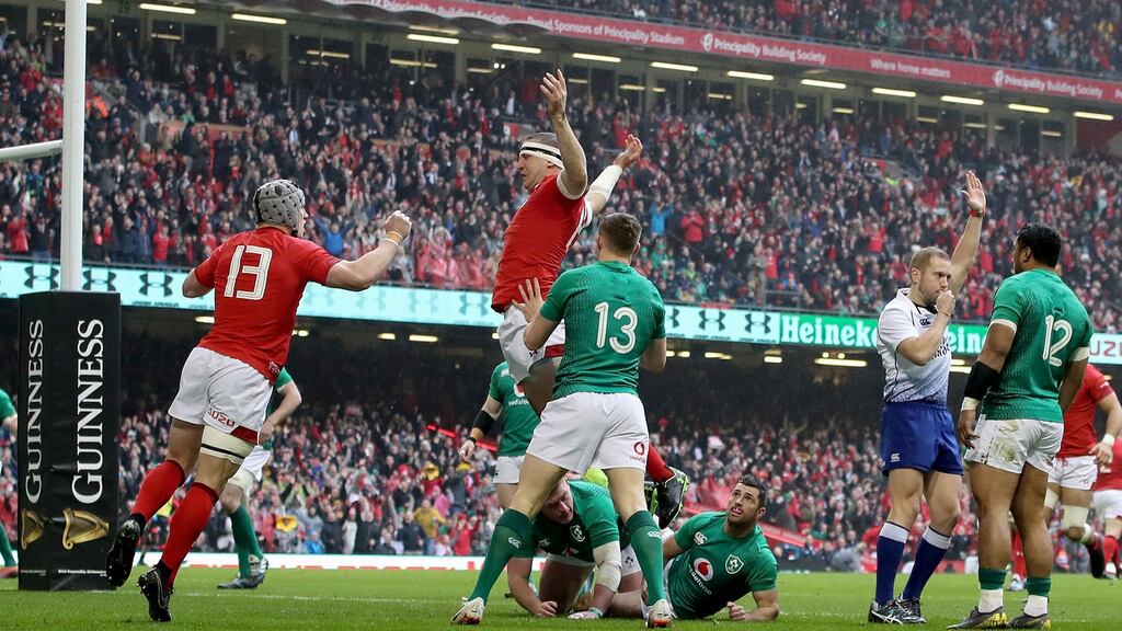 Wales celebrate a Hadleigh Parkes try against Ireland in 2019. Photograph: Bryan Keane/Inpho