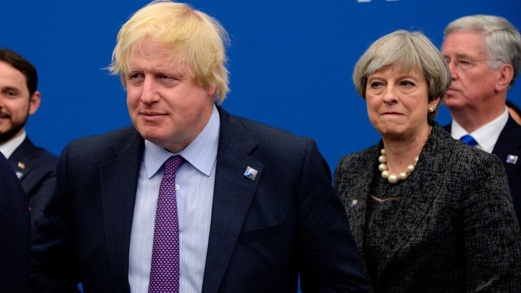 British foreign secretary Boris Johnson and prime minister Theresa May at the Nato summit in Brussels on May 25th. Photograph: Thierry Charlier/AFP/Getty Images