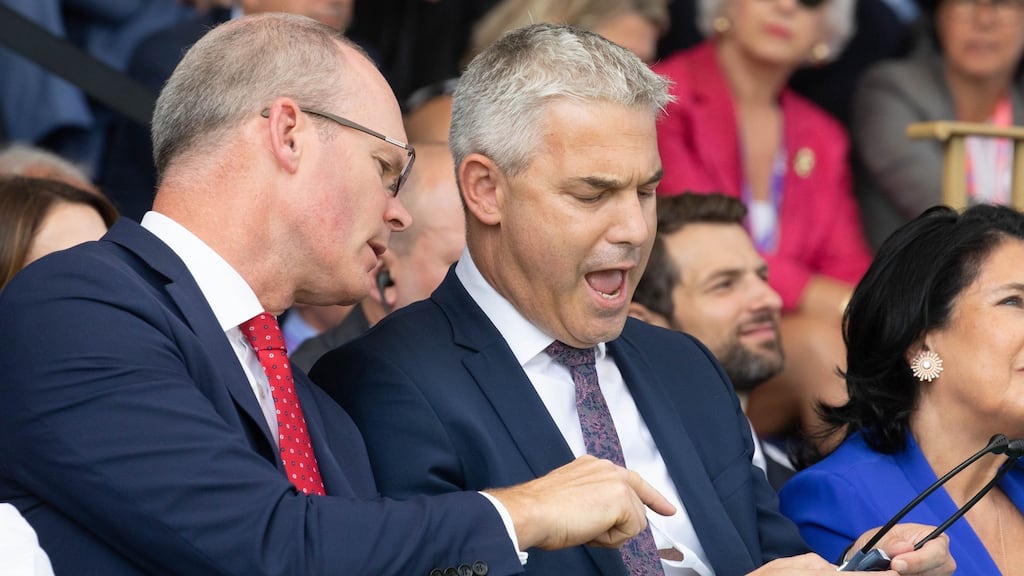 Minister for Foreign Affairs Simon Coveney and UK Brexit secretary Steve Barclay in the audience at the Medef business conference in Paris on Wednesday. Photograph: Christophe Morin/Bloomberg.