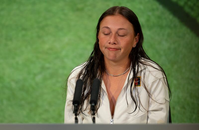 Amanda Anisimova during a press conference following her Ladies' Singles Final defeat to Iga Swiatek. Photograph: Benjamin Gilbert/AELTC/PA