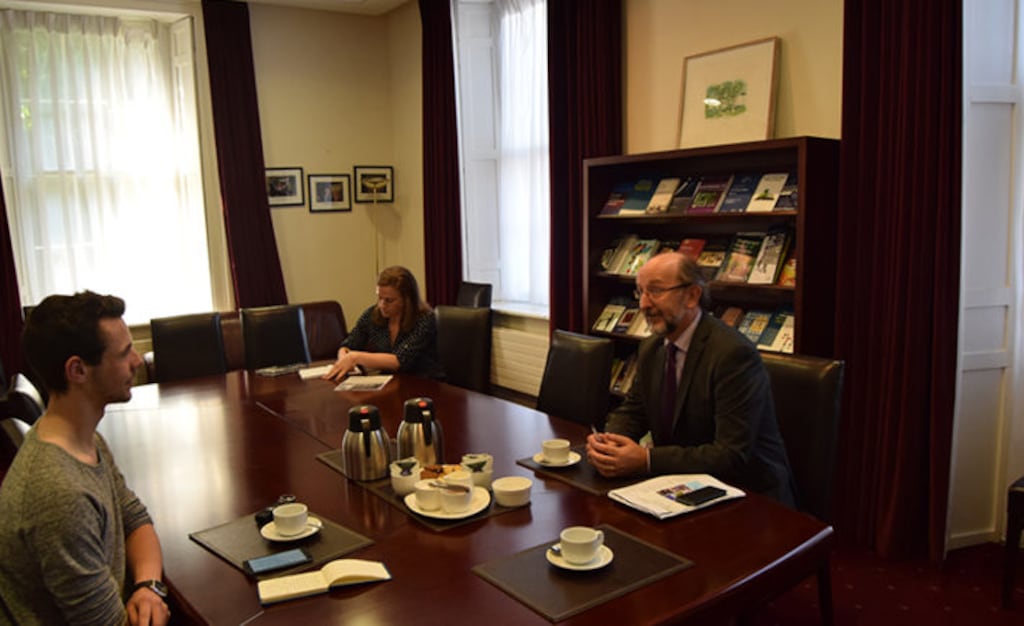 DCU president Brian MacCraith speaking with The College View editor-in-chief Aaron Gallagher. Photograph credit: The College View/Darragh Culhane