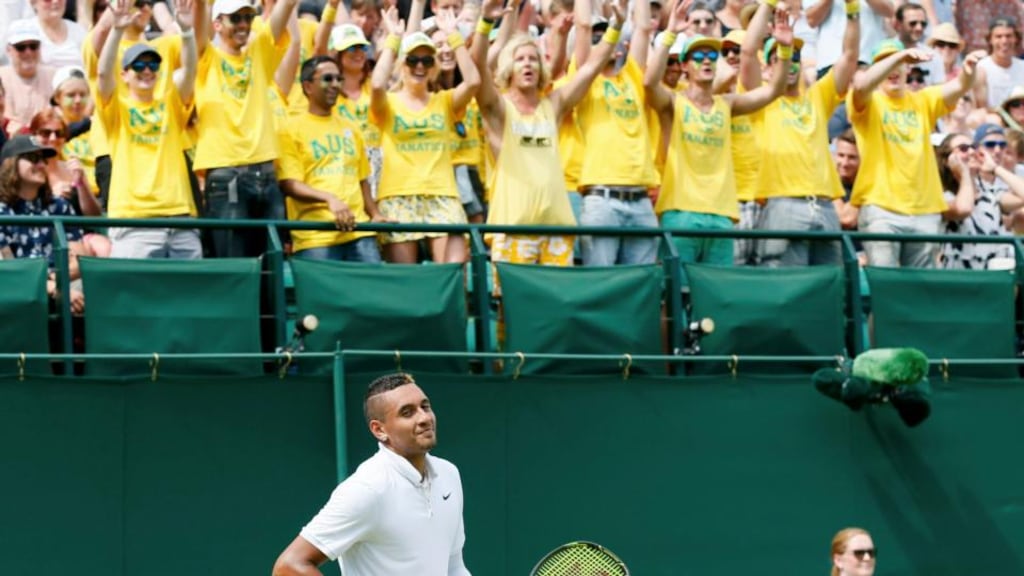 Nick Kyrgios in front of Australia fans during his match against Juan Monaco of Argentina at the Wimbledon. Photograph: Henry Browne/Reuters